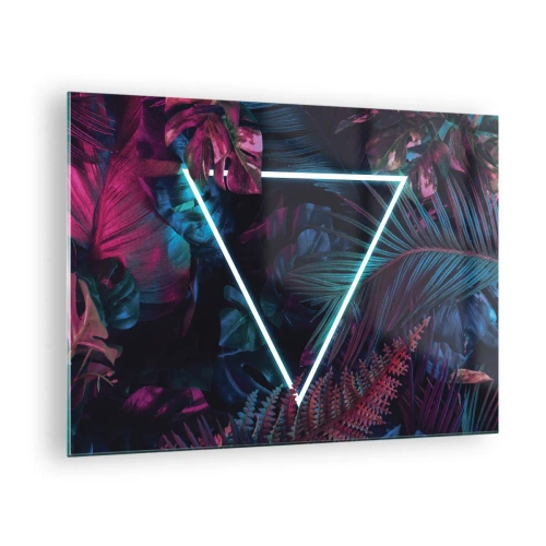 Schilderen op glas - Een neondriehoek omringd door tropische planten in de kleuren roze en blauw. - 70x50cm - Disco-achtige tuin - Moderne wanddecoratie voor woonkamer en slaapkamer ARTTOR
