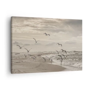Schilderen op canvas - Een meeuw in vlucht over een kustlandschap - 70x50cm - Het geluid van de zee, het zingen van vogels - Moderne wanddecoratie voor woonkamer en slaapkamer ARTTOR