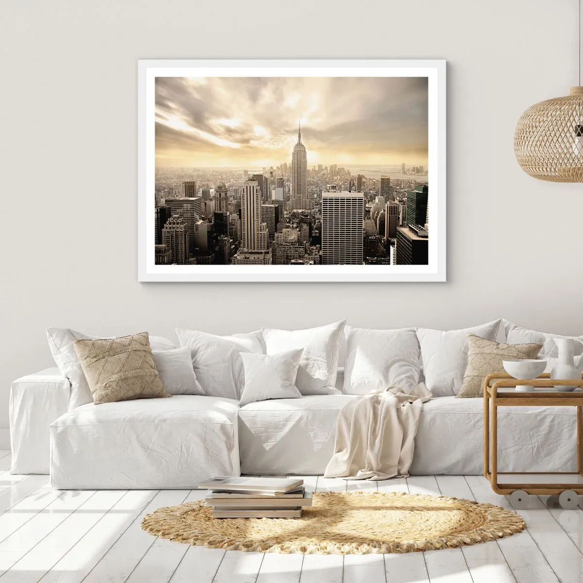 Poster in een witte lijst - New York geweven van grijs - 100x70 cm