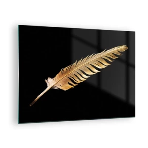 Schilderen op glas - Een gouden veer op een zwarte achtergrond in minimalistische stijl - 70x50cm - HHij heeft een ongewoon talent voor schrijven… - Moderne wanddecoratie voor woonkamer en slaapkamer ARTTOR