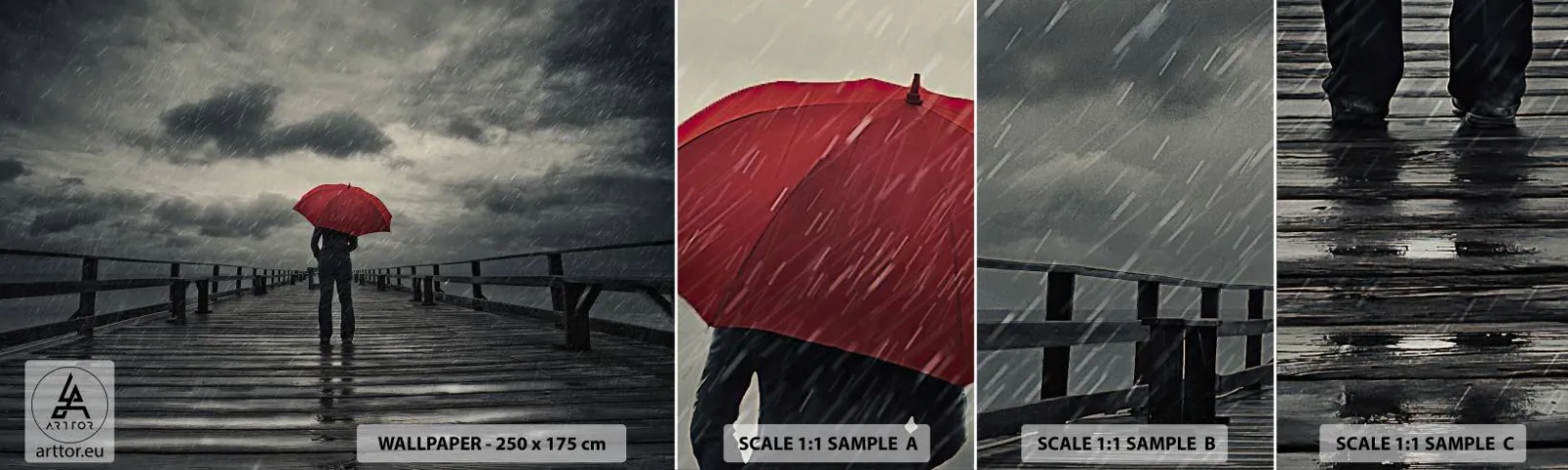 Fotobehang Staaltje Standard Eco - Het maakt niet uit dat het regent - Houten pier, Zee, Lopen in de regen - 100x30 cm