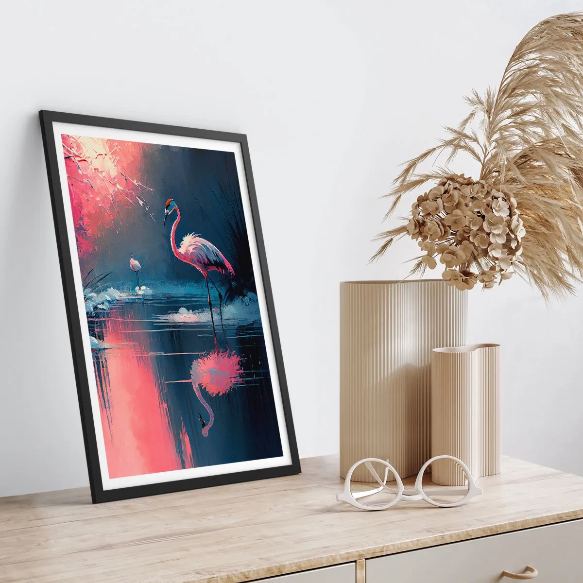 Poster in een zwarte lijst - Flamingo's op een kalm meer - 50x70cm - Een toevluchtsoord voor vogels - Moderne wanddecoratie voor woonkamer en slaapkamer ARTTOR