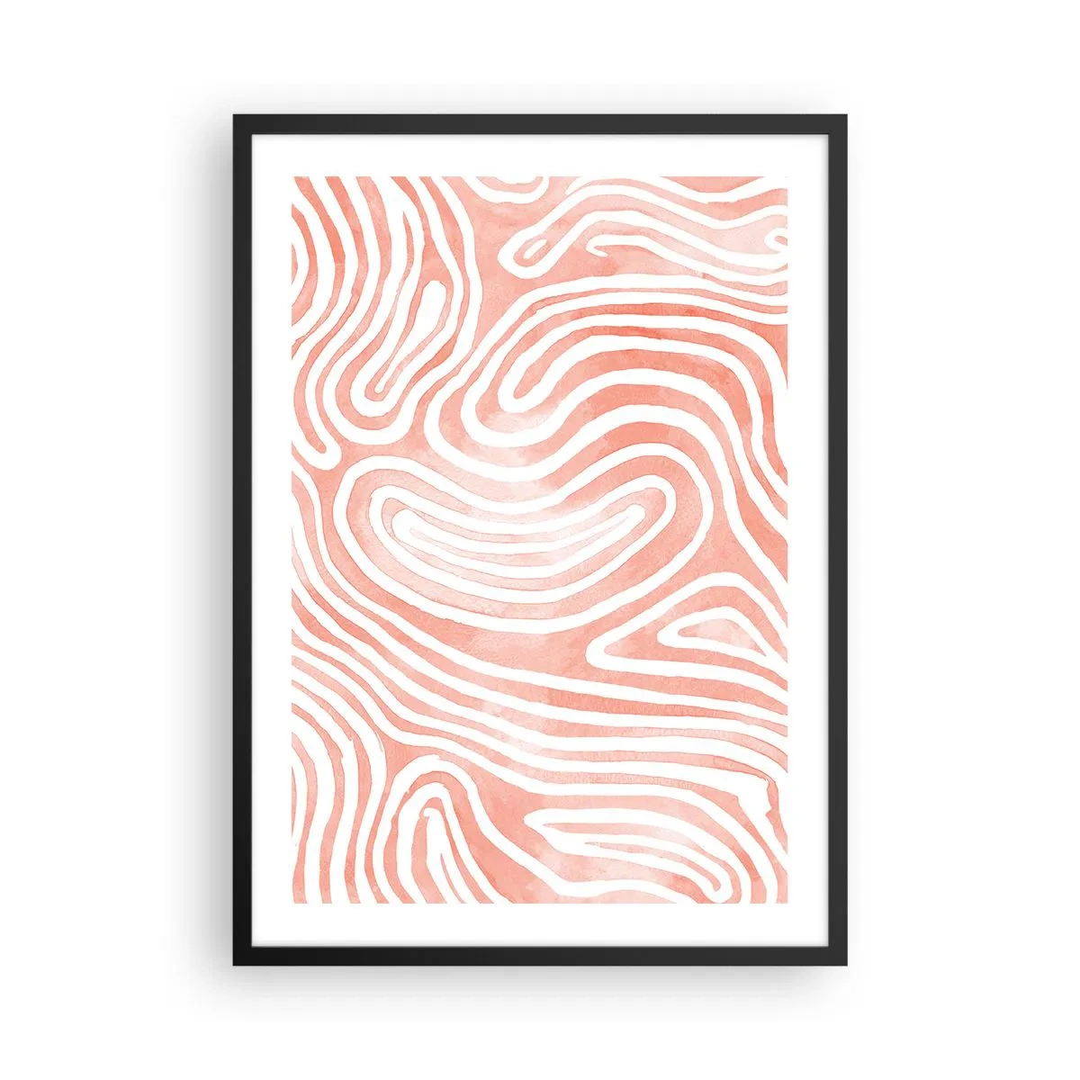 Poster in een zwarte lijst - Abstracte lijnen in tinten zalm en wit - 50x70cm - In het koraallabyrint - Moderne wanddecoratie voor woonkamer en slaapkamer ARTTOR