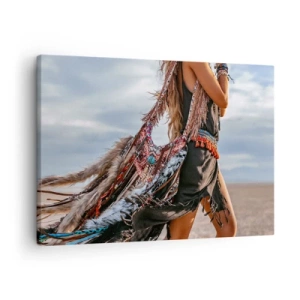Schilderen op canvas - Een vrouw in boho-stijl met veren en sieradendetails - 70x50cm - Het meisje van de sjamaan - Moderne wanddecoratie voor woonkamer en slaapkamer ARTTOR