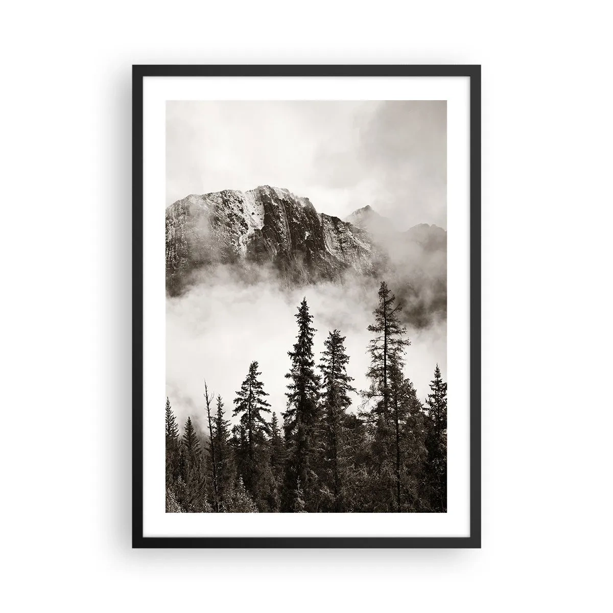 Poster in een zwarte lijst - Berglandschap met bomen en mist - 50x70cm - Granieten liniaal - Moderne wanddecoratie voor woonkamer en slaapkamer ARTTOR