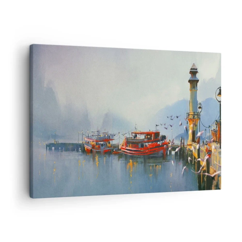 Schilderen op canvas - Een haven met rode boten omgeven door een mistig landschap - 70x50cm - Aan het einde van de wereld - Moderne wanddecoratie voor woonkamer en slaapkamer ARTTOR
