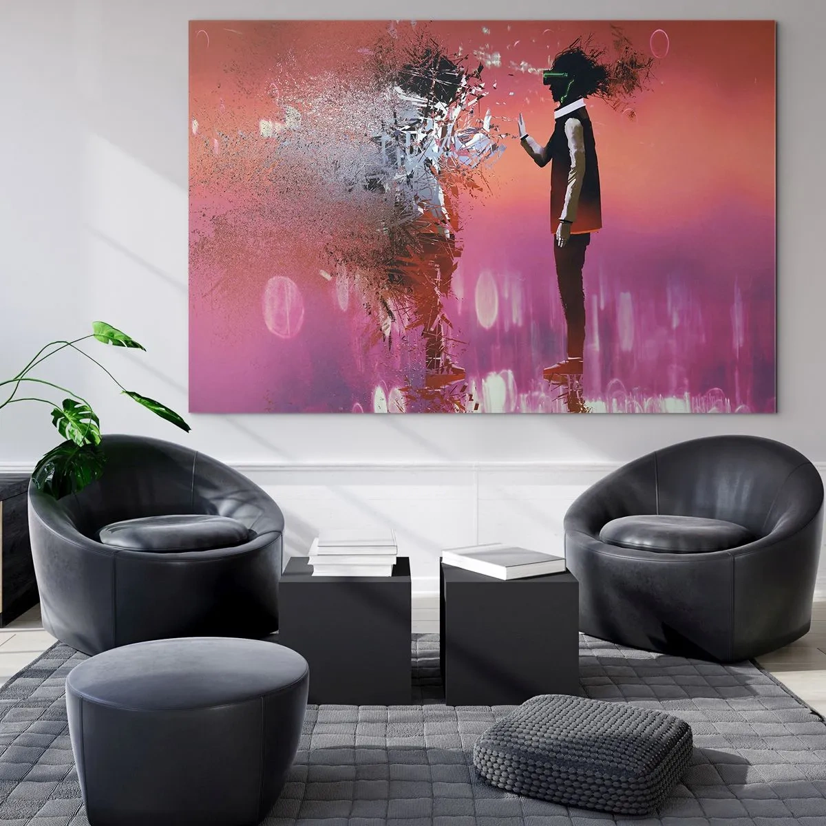 Schilderen op glas - Een personage in virtual reality met een verstrooiende schaduw - 70x50cm - Kun je naar jezelf kijken? - Moderne wanddecoratie voor woonkamer en slaapkamer ARTTOR