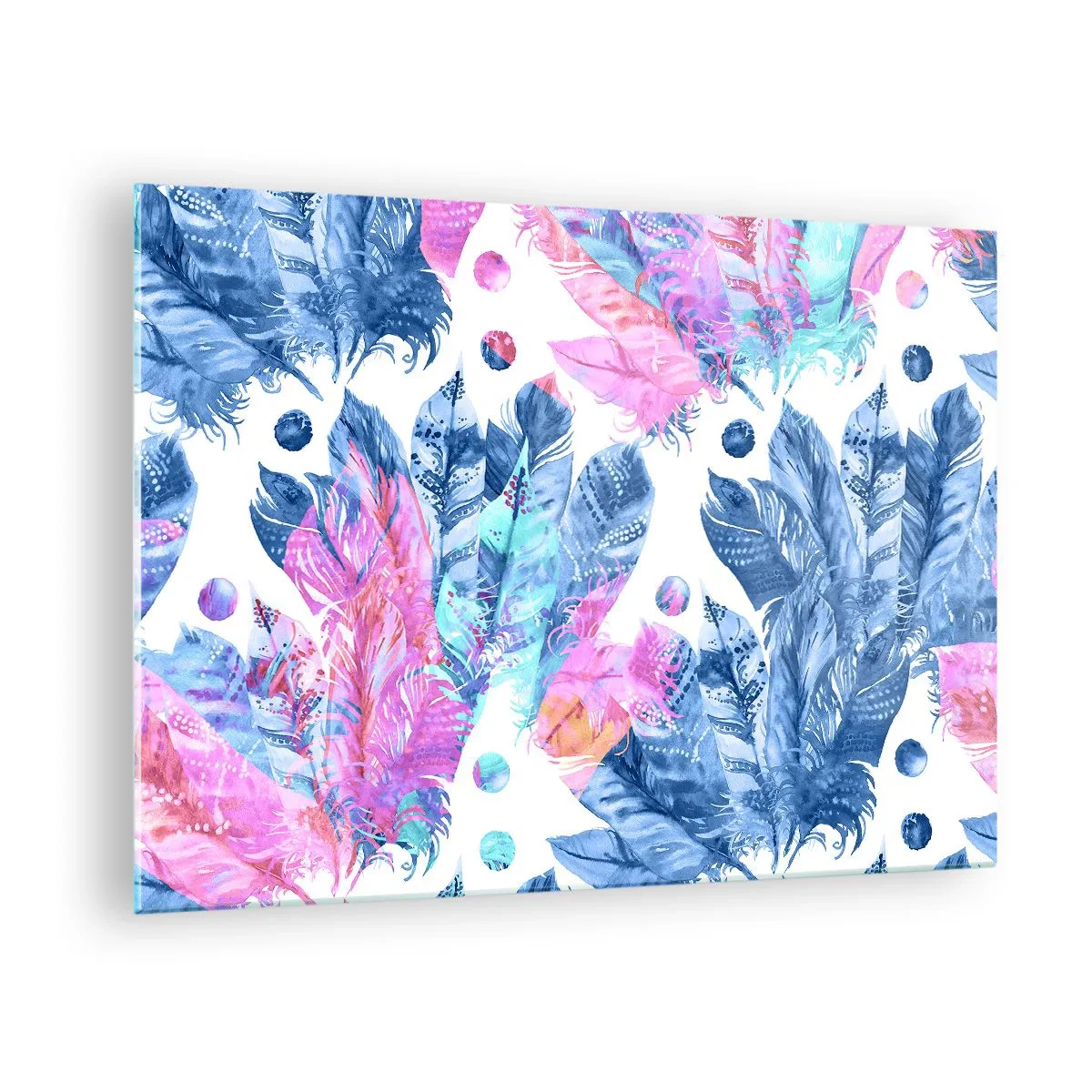 Schilderen op glas - Kleurrijke veren in tinten roze en blauw op een witte achtergrond - 70x50cm - Pluimen in roze en blauw - Moderne wanddecoratie voor woonkamer en slaapkamer ARTTOR