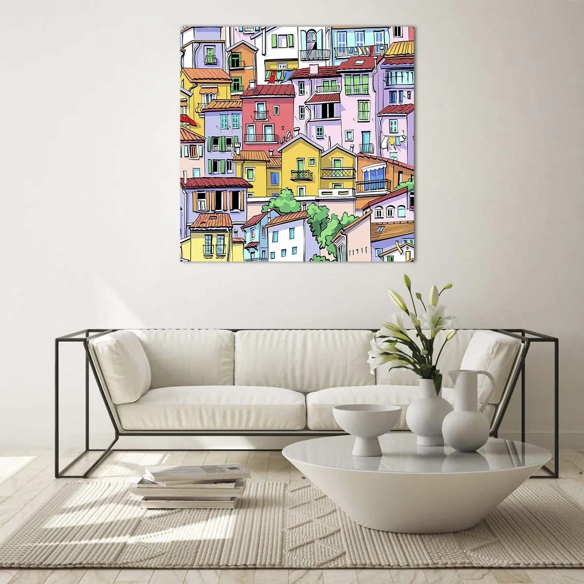 Schilderen op glas - Vrolijke stad - 70x70 cm