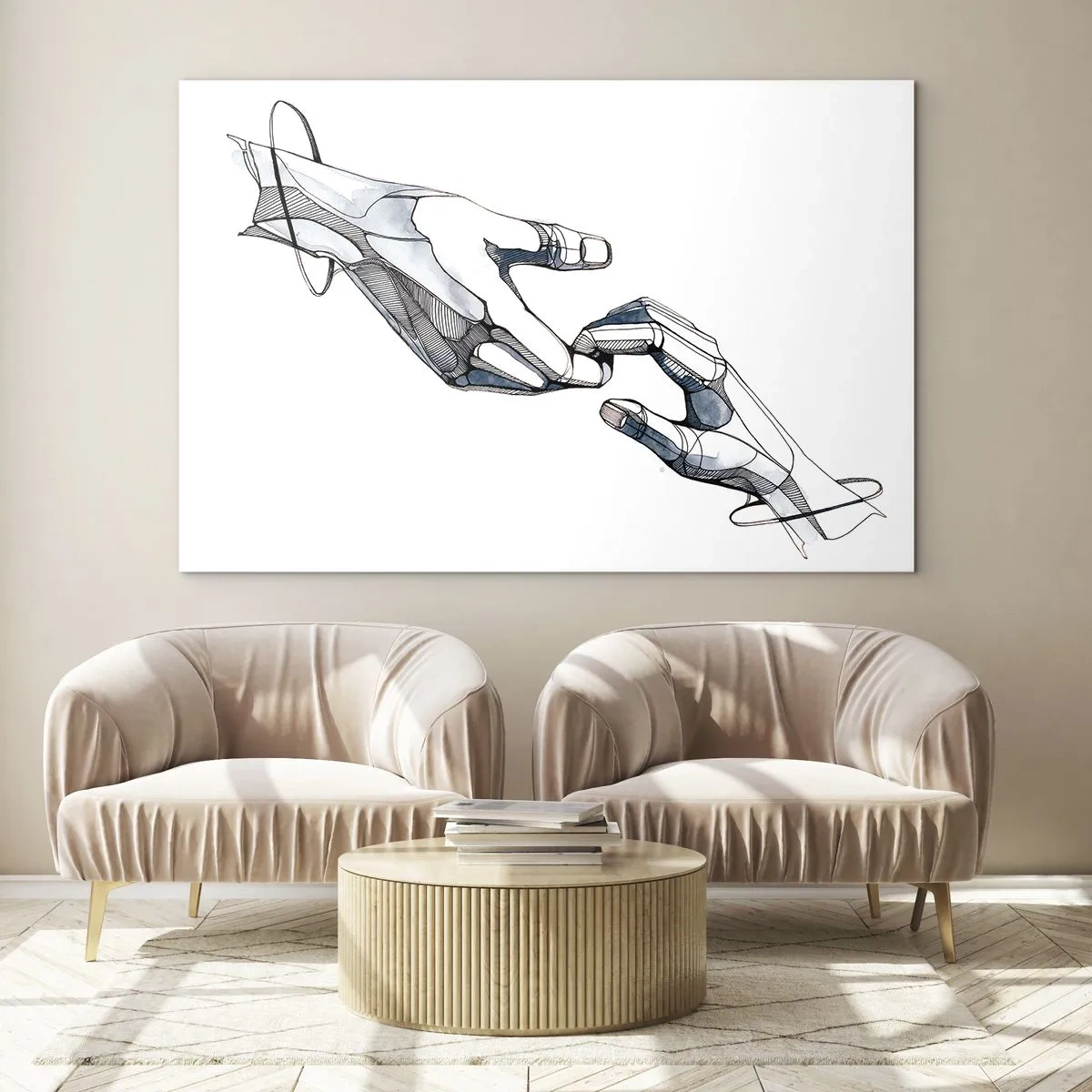 Schilderen op glas - Artistieke illustratie van twee handen in een abstracte stijl - 70x50cm - Een goed gebaar - Moderne wanddecoratie voor woonkamer en slaapkamer ARTTOR