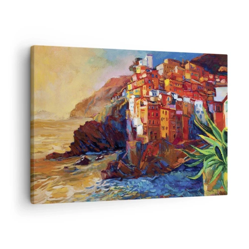 Schilderen op canvas - Kleurrijke huizen op een klif boven de zee - 70x50cm - Italiaanse sfeer - Moderne wanddecoratie voor woonkamer en slaapkamer ARTTOR