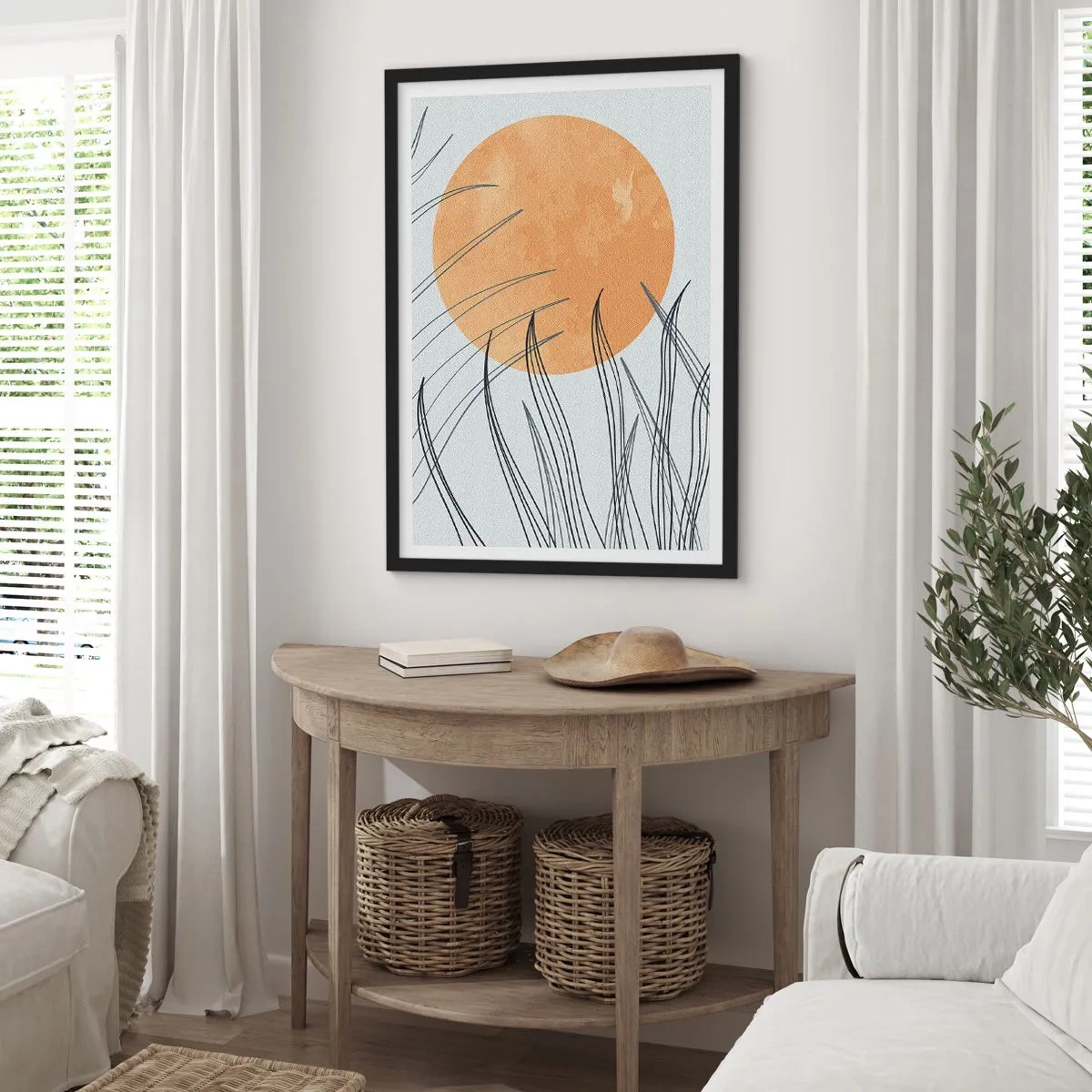 Poster in een zwarte lijst - Een minimalistische compositie met de maan en het gras - 50x70cm - Altijd naar de zon - Moderne wanddecoratie voor woonkamer en slaapkamer ARTTOR