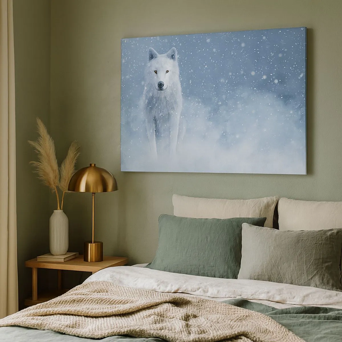 Schilderen op canvas - Witte wolf in een besneeuwd landschap - 70x50cm - In winterse sferen - Moderne wanddecoratie voor woonkamer en slaapkamer ARTTOR