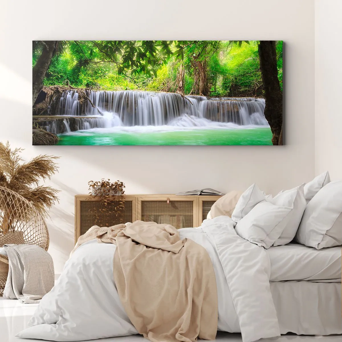 Schilderen op canvas - Een waterval in het groen - 120x50 cm