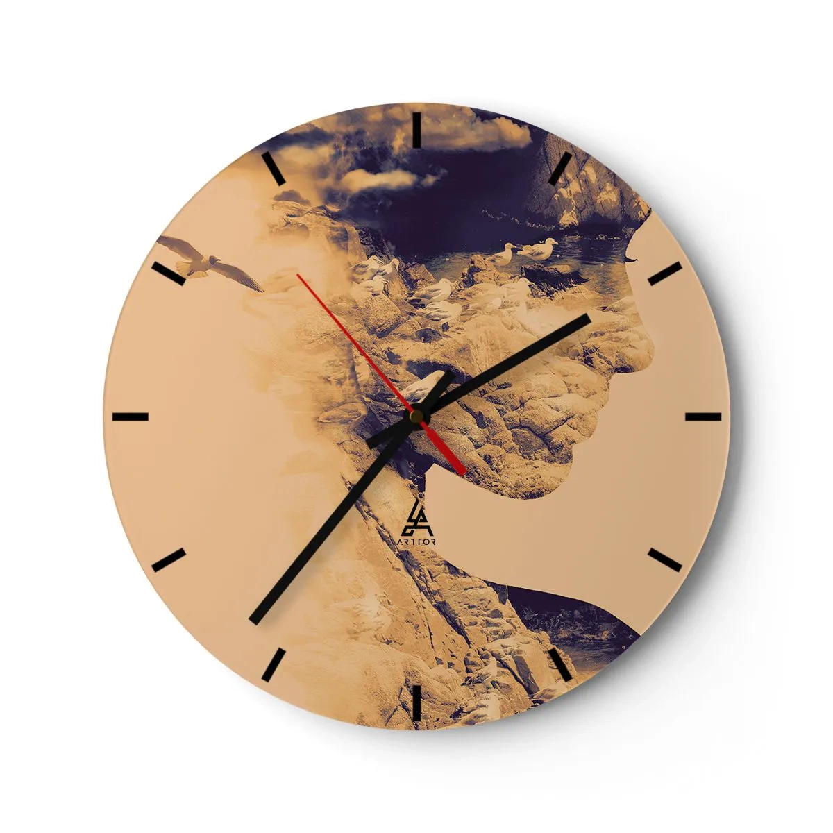 Wandklok - Klok - Artistiek gezichtsprofiel met landschap en meeuwen - 30x30cm - Van nature mooi - Moderne wanddecoratie voor woonkamer, keuken en slaapkamer ARTTOR