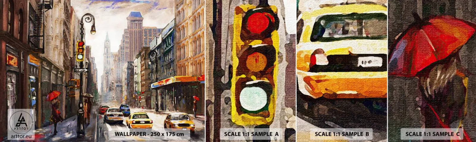 Fotobehang Monster Zelfklevend Deluxe Sticker - New York - ook kleurrijk in de regen - New York, Stad, Manhattan - 100x30 cm