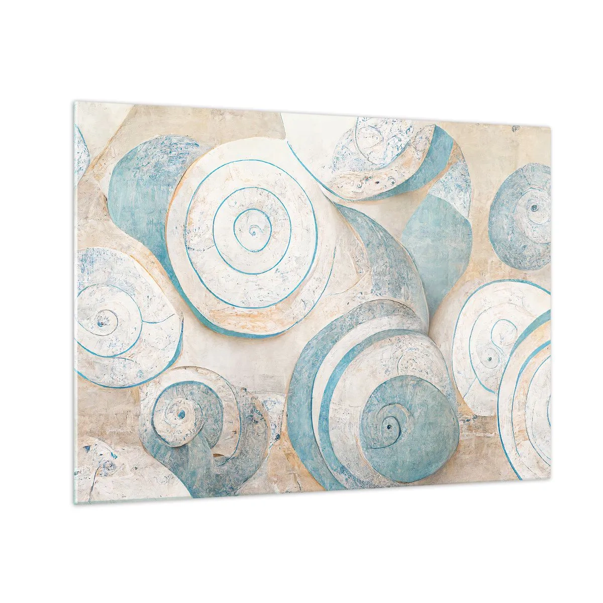 Schilderen op glas - Schelpen in een blauw en beige palet op een gestructureerde achtergrond - 70x50cm - Wat zit er in de schelp? - Moderne wanddecoratie voor woonkamer en slaapkamer ARTTOR