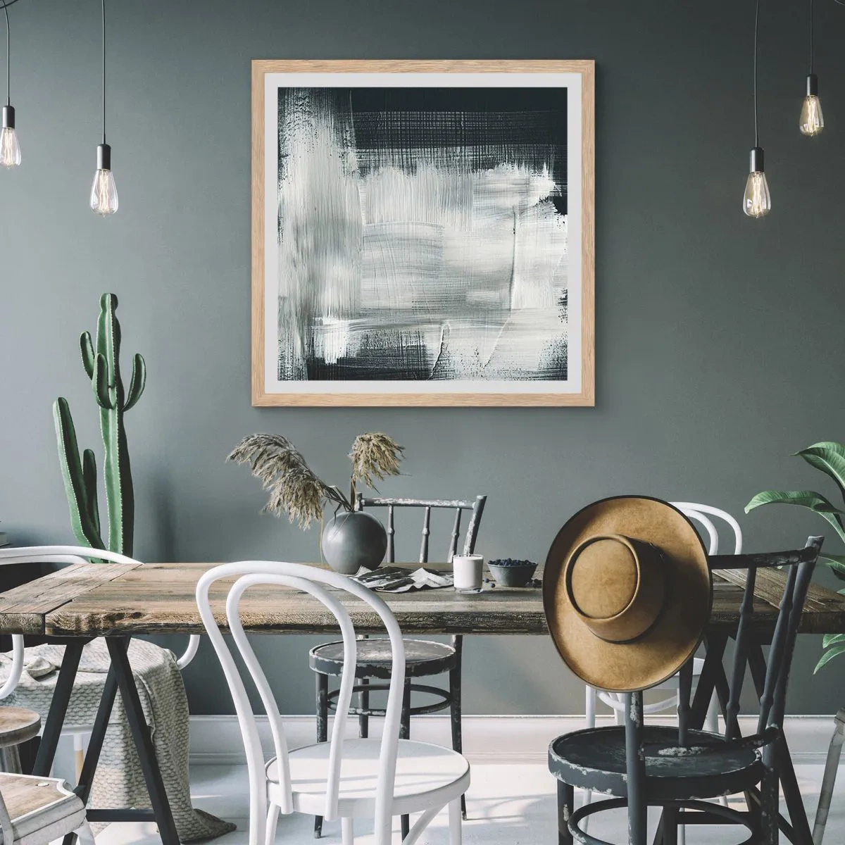 Een poster in een licht eiken lijst - Geweven van verticaal en horizontaal - 30x30 cm