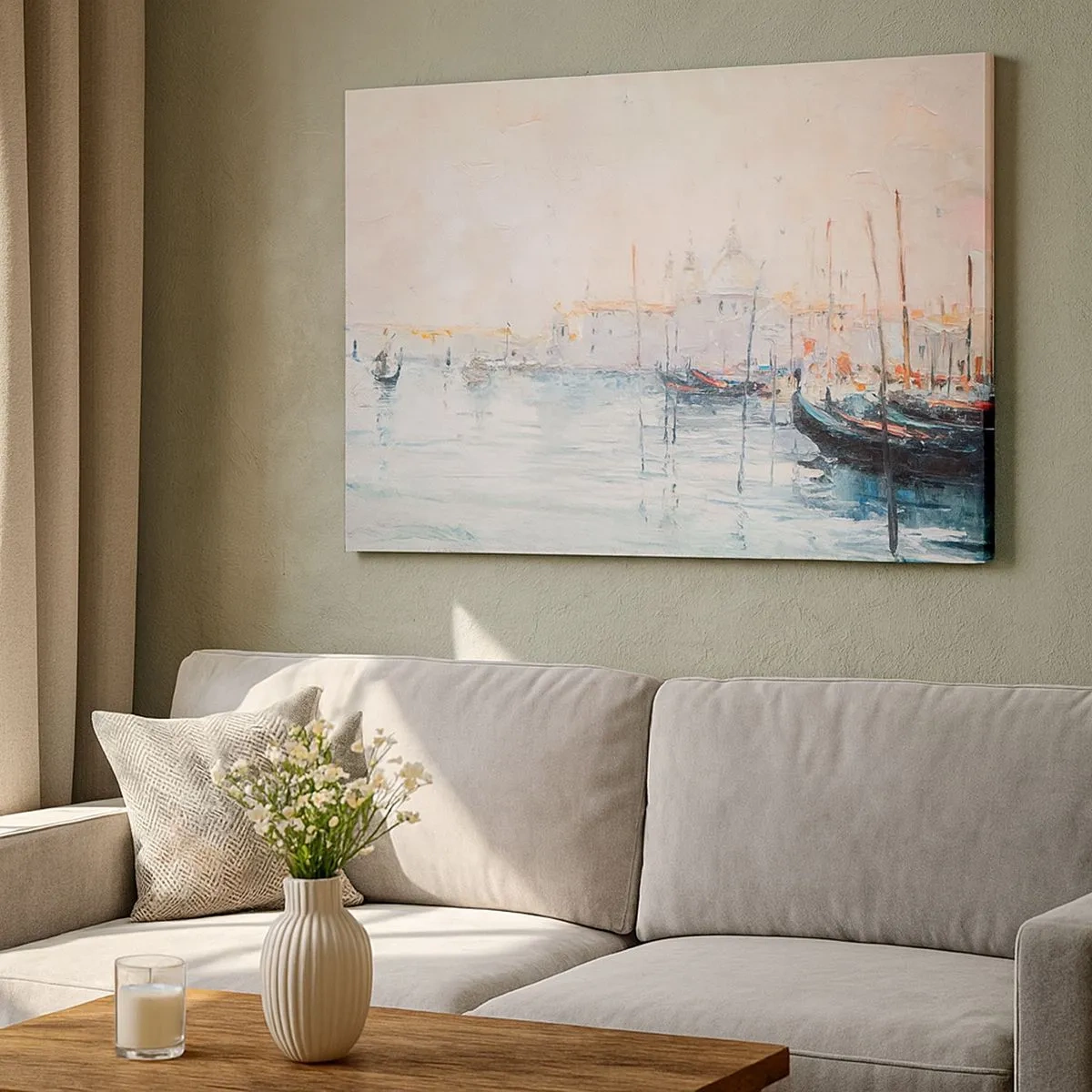 Schilderen op canvas - Schilderachtig uitzicht op de grachten met pastelkleurige boten - 70x50cm - Achter het water, achter de mist - Moderne wanddecoratie voor woonkamer en slaapkamer ARTTOR