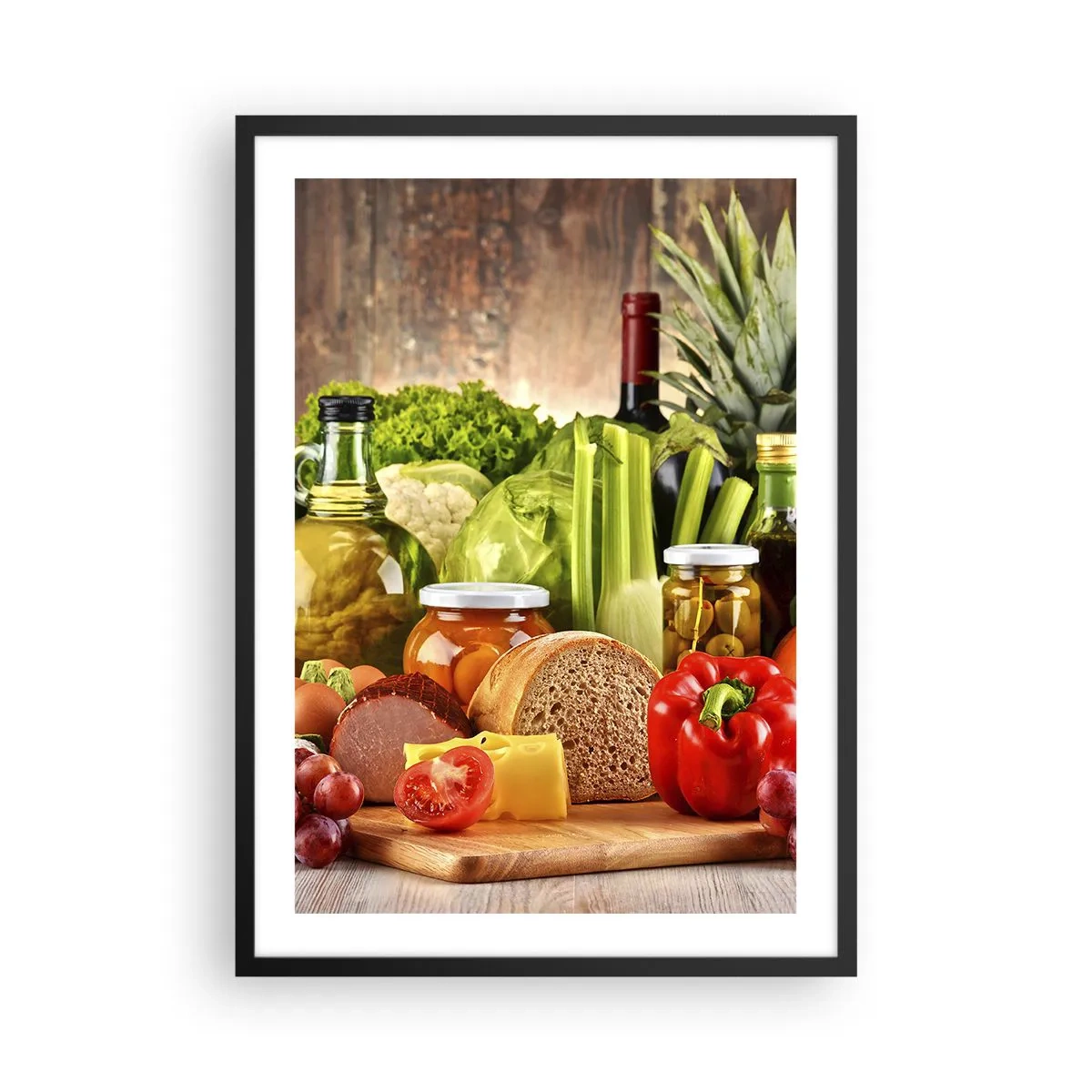 Poster in een zwarte lijst - Kleurrijke groenten en voedselproducten op een houten achtergrond - 50x70cm - Gerookt, gebakken en gemarineerd - Moderne wanddecoratie voor woonkamer en slaapkamer ARTTOR
