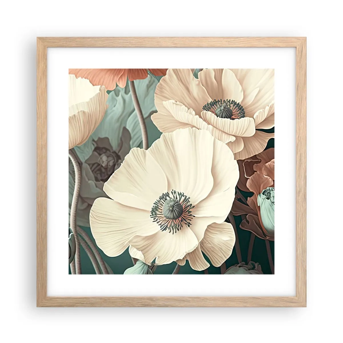 Een poster in een licht eiken lijst - Het gefluister van klaprozen - 40x40 cm