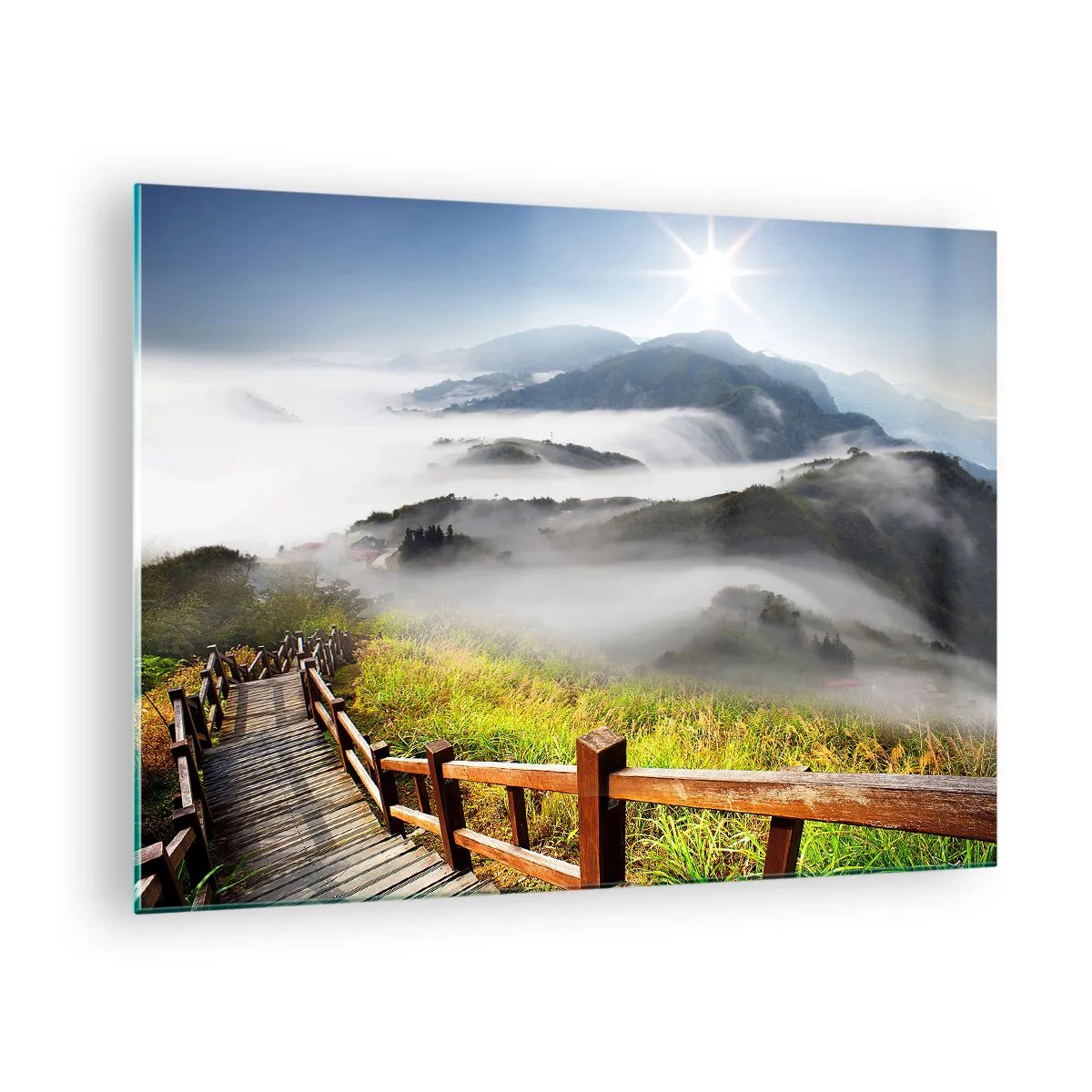 Schilderen op glas - Berglandschap met mist en een houten pad bij zonsopgang - 70x50cm - Geweven van schittering en mist - Moderne wanddecoratie voor woonkamer en slaapkamer ARTTOR