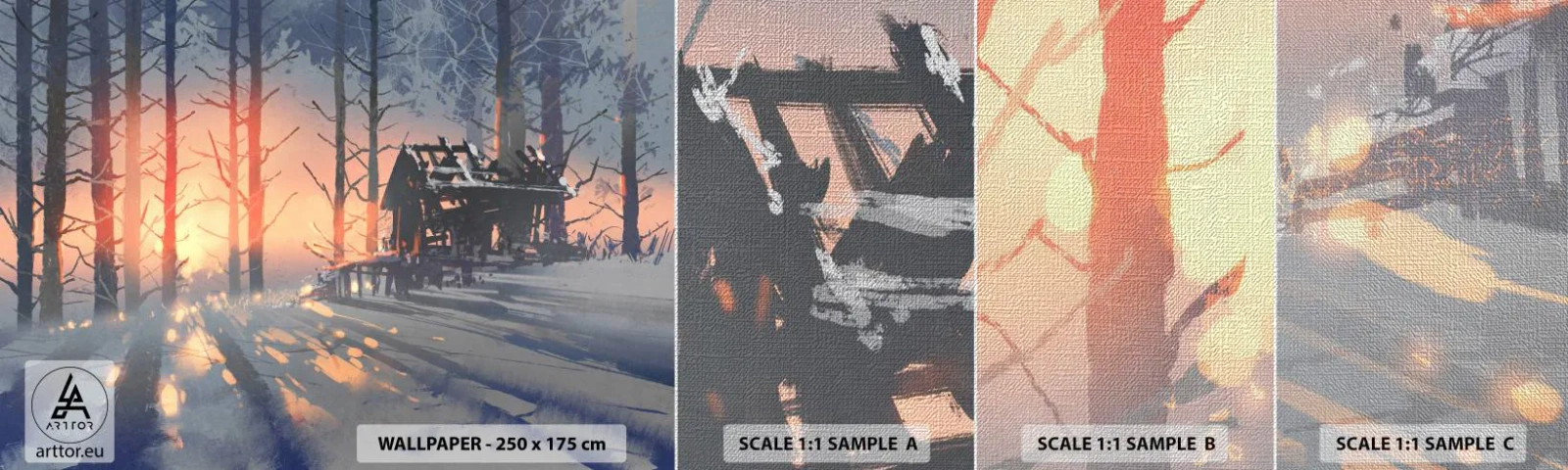 Fotobehang Monster Premium Canvas - Alleen de zon kijkt hier naar binnen - Landschap, Boshuisje, Woud - 100x30 cm