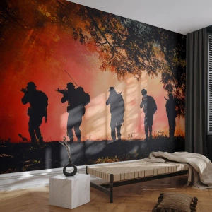 Fotobehang Premium Sand - … Allen voor een. - Soldaat, Wapen, Geweer - 450x315 cm