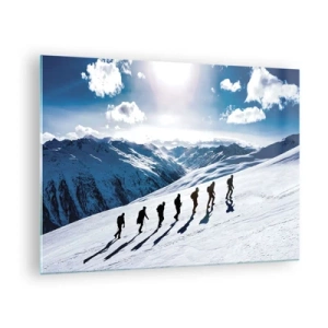 Schilderen op glas - Groepsklimmen op een besneeuwde helling in de bergen - 70x50cm - Het team van de veroveraars - Moderne wanddecoratie voor woonkamer en slaapkamer ARTTOR