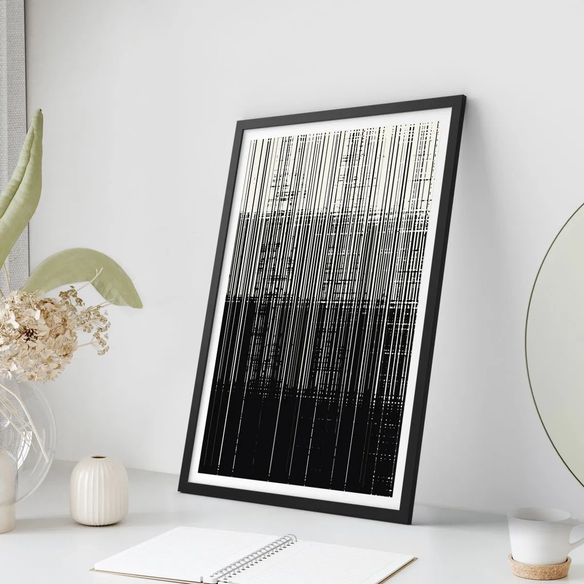 Poster in een zwarte lijst - Abstracte compositie van zwarte lijnen op een witte achtergrond - 50x70cm - Golven en vibraties - Moderne wanddecoratie voor woonkamer en slaapkamer ARTTOR