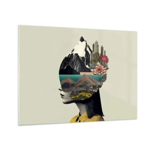 Schilderen op glas - Silhouet van een vrouw met een berglandschap en flora in haar hoofd - 70x50cm - Vrouw – altijd een mysterie - Moderne wanddecoratie voor woonkamer en slaapkamer ARTTOR
