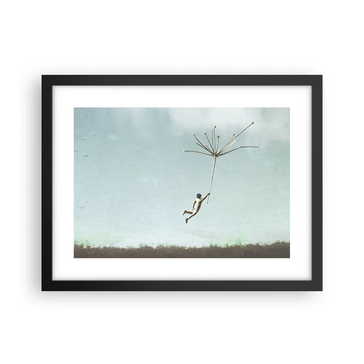 Poster in een zwarte lijst - Vliegers, paardebloemen, wind - 40x30 cm