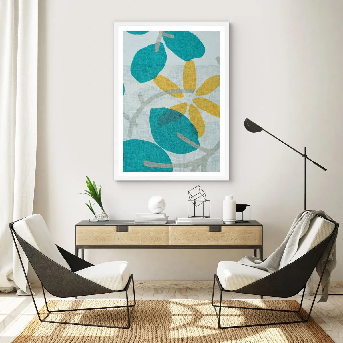 Poster in een witte lijst - Tussen de azuurblauwe bladeren - 61x91 cm