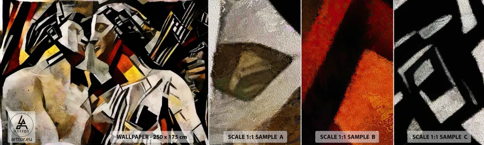 Fotobehang Monster Premium Sand - Een statige kus - Verliefd stel, Kubisme, Kus - 100x30 cm