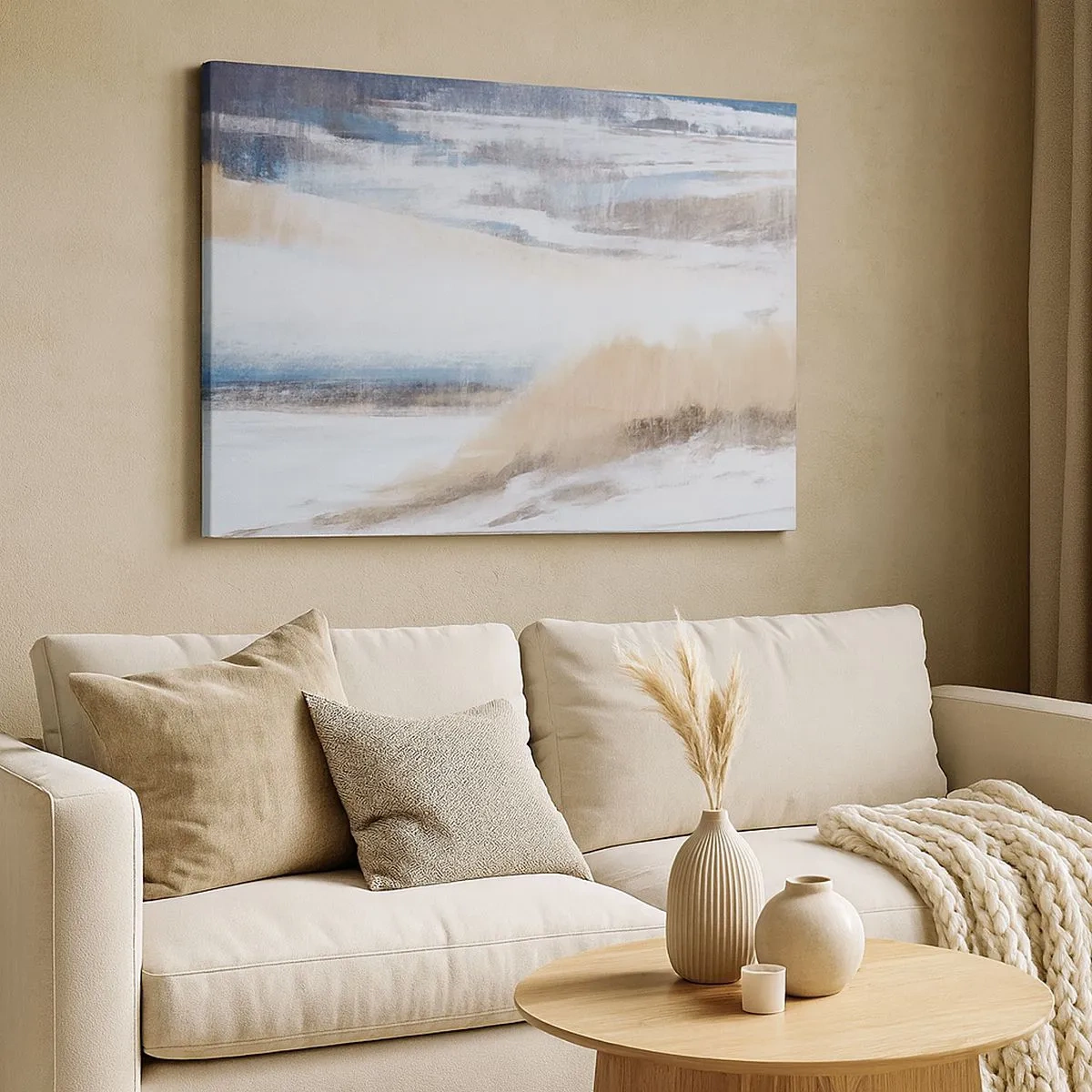 Schilderen op canvas - Abstract winterlandschap in tinten wit en blauw - 70x50cm - Winterse compositie - Moderne wanddecoratie voor woonkamer en slaapkamer ARTTOR