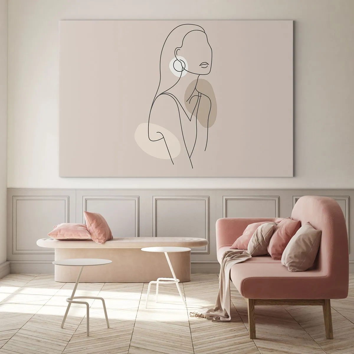Schilderen op glas - Een minimalistisch silhouet van een vrouw op een beige achtergrond - 70x50cm - meisjesachtig icoon - Moderne wanddecoratie voor woonkamer en slaapkamer ARTTOR