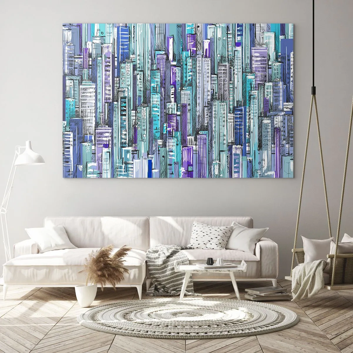 Schilderen op glas - Illustratie van een stad vol wolkenkrabbers in koele tinten - 70x50cm - Blauwachtig van de hemel - Moderne wanddecoratie voor woonkamer en slaapkamer ARTTOR