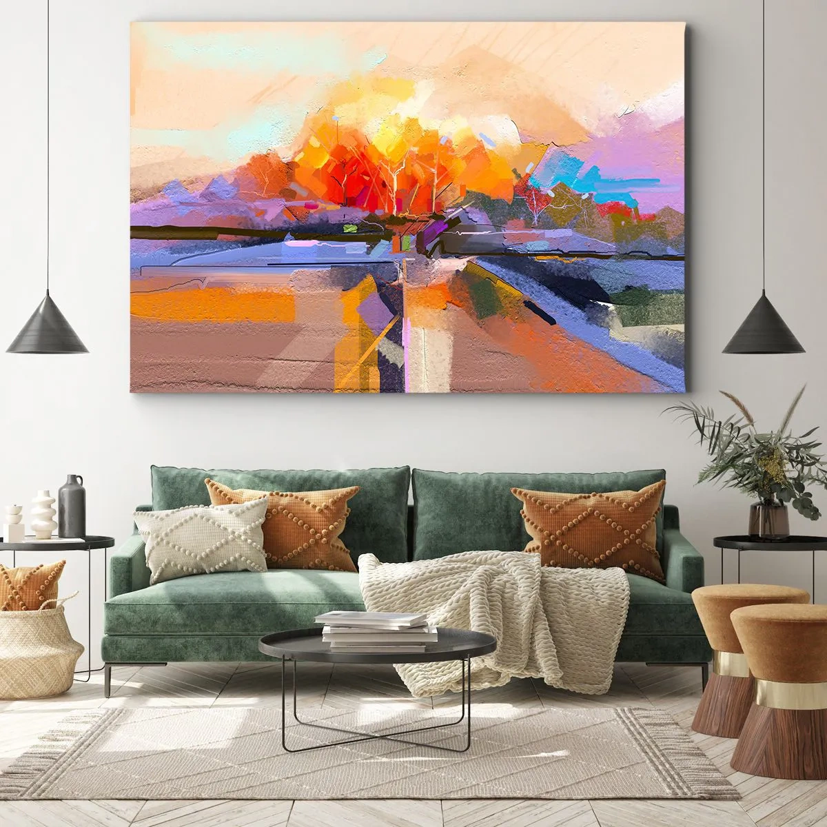 Schilderen op canvas - Een abstract landschap met intense herfstkleuren. - 70x50cm - De herfst is geworden - Moderne wanddecoratie voor woonkamer en slaapkamer ARTTOR
