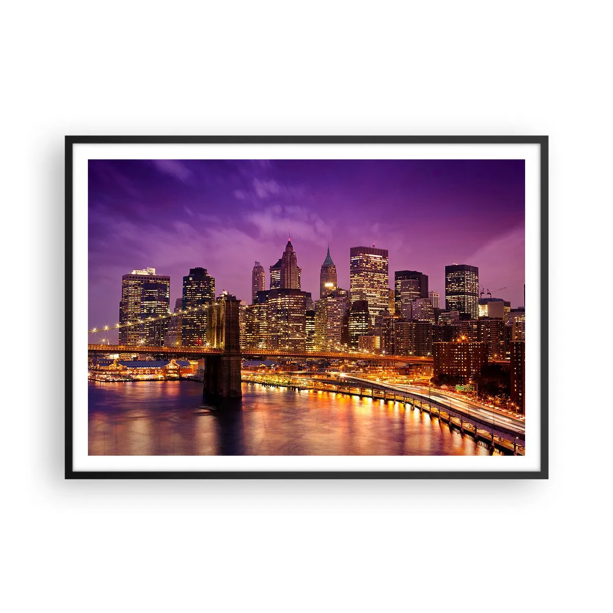 Poster in een zwarte lijst - Violet-goud Manhattan - 100x70 cm