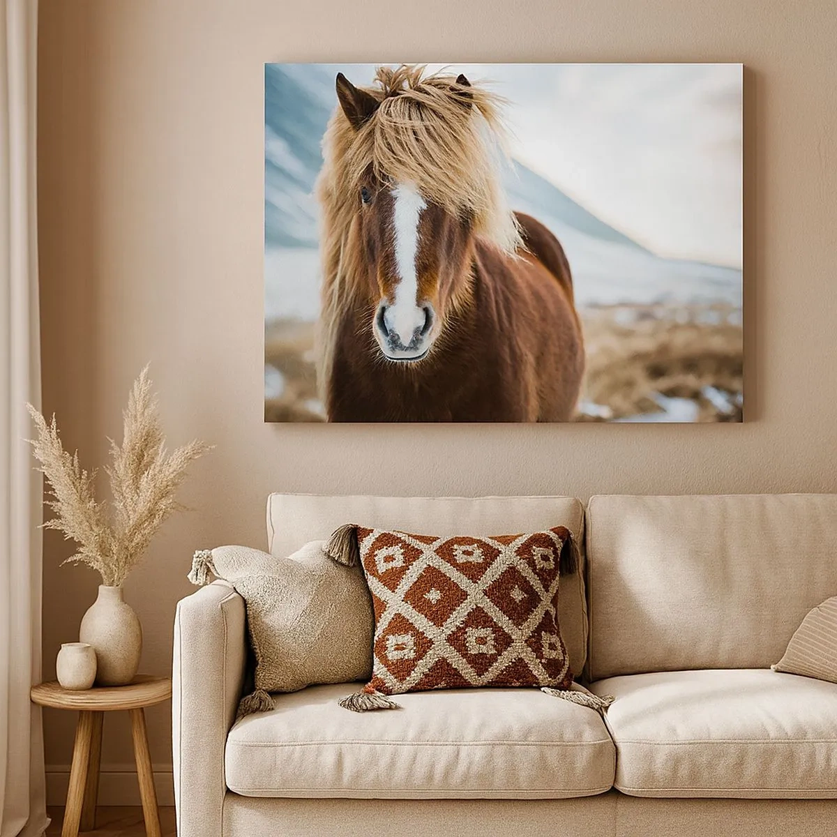 Schilderen op canvas - IJslands paard tegen een berglandschap - 70x50cm - Voel jij je vrij? - Moderne wanddecoratie voor woonkamer en slaapkamer ARTTOR