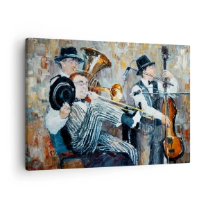 Schilderen op canvas - Jazzmuzikanten in schilderachtige stijl tijdens een concert - 70x50cm - Al die jazz - Moderne wanddecoratie voor woonkamer en slaapkamer ARTTOR
