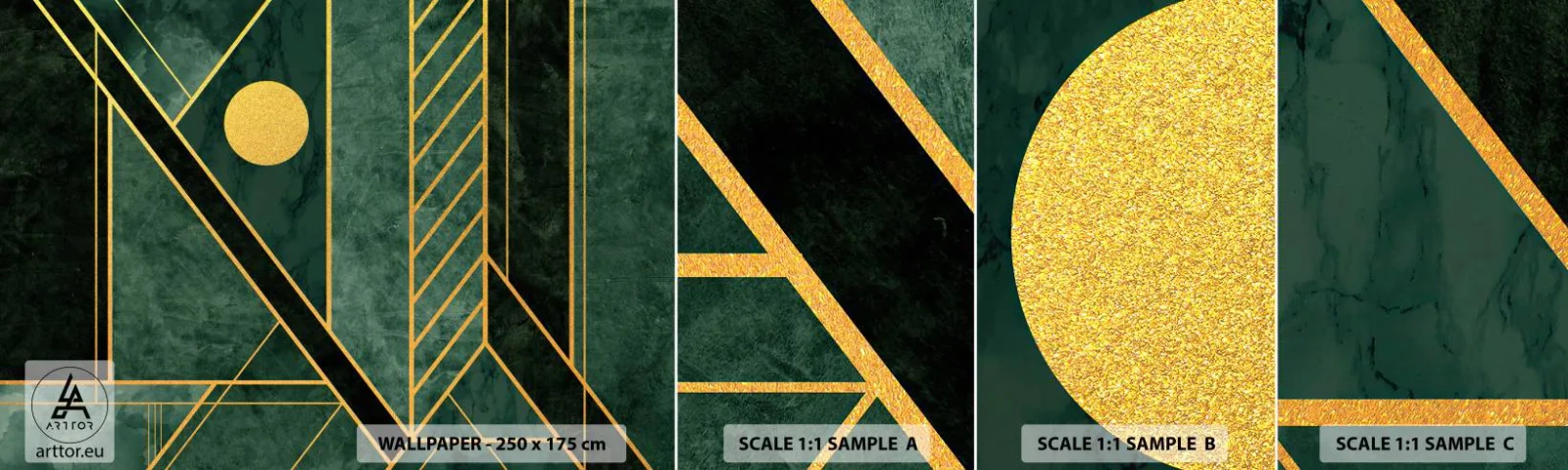 Fotobehang Staaltje Standard Eco - Dynamiek van goud en azuur - Abstractie, Deel, Geometrisch patroon - 100x30 cm