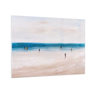 Schilderen op glas - Een rustig strand met silhouetten van mensen die langs de kustlijn lopen - 70x50cm - Een natuurlijke behoefte - Moderne wanddecoratie voor woonkamer en slaapkamer ARTTOR