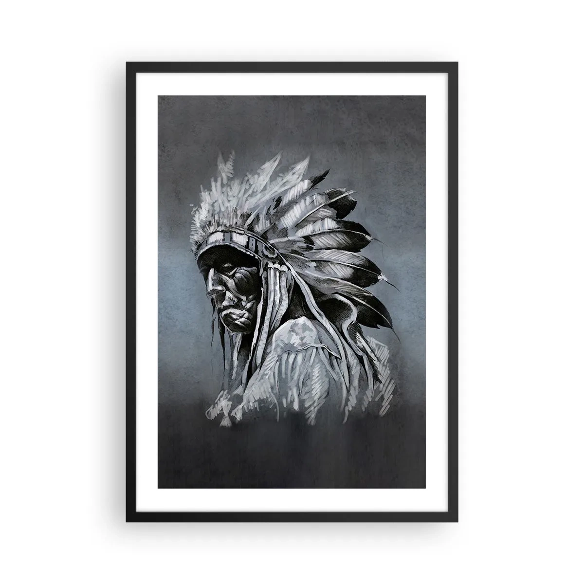 Poster in een zwarte lijst - Portret van een Indiaanse opperhoofd met een verentooi tegen een grijze achtergrond - 50x70cm - Keer terug naar de wortels - Moderne wanddecoratie voor woonkamer en slaapkamer ARTTOR