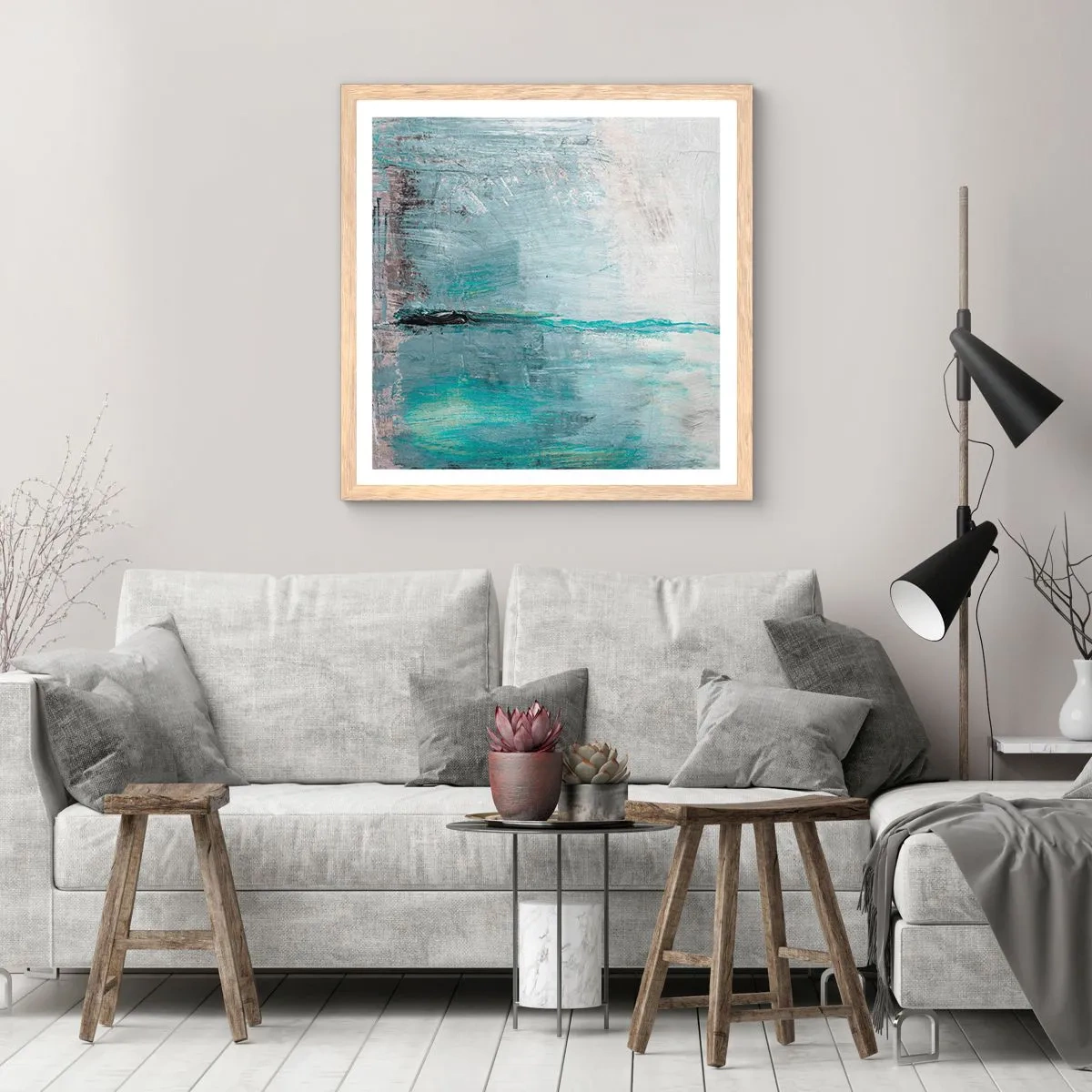 Een poster in een licht eiken lijst - Horizontaal in blauw - 30x30 cm