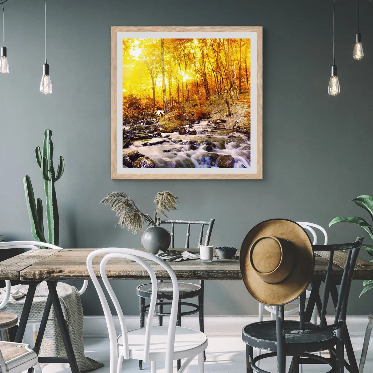 Een poster in een licht eiken lijst - Stenen gezet in goud en platina - 50x50 cm
