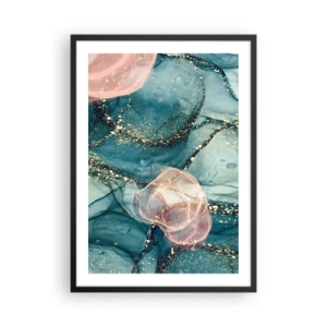 Poster in een zwarte lijst - Een abstracte compositie in tinten turquoise en goud. - 50x70cm - Zijdeblauw, tule roze - Moderne wanddecoratie voor woonkamer en slaapkamer ARTTOR