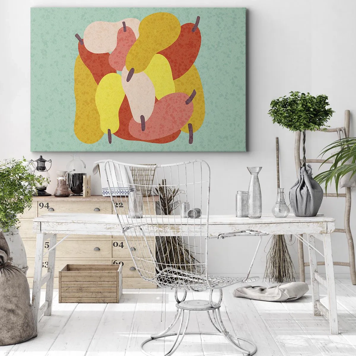 Schilderen op canvas - Kleurrijke abstracte peren op een groene achtergrond - 70x50cm - Probeer de zomerzon - Moderne wanddecoratie voor woonkamer en slaapkamer ARTTOR