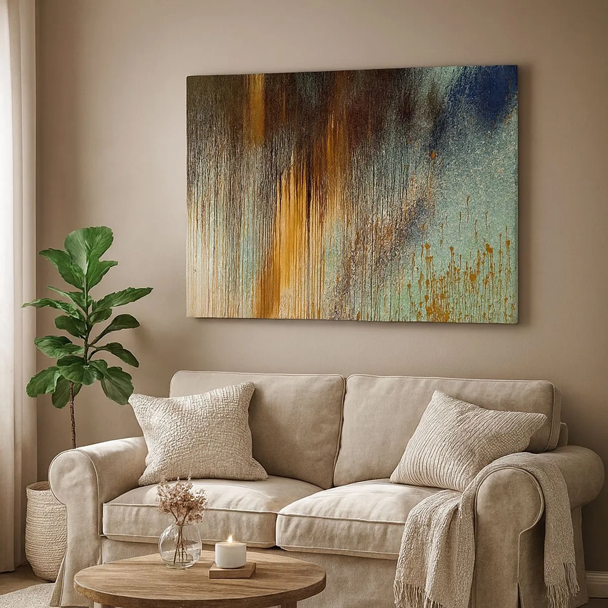 Schilderen op canvas - Een abstracte compositie van kleuren in tinten goud, bruin en blauw. - 70x50cm - Een niet toevallig kleurrijke compositie - Moderne wanddecoratie voor woonkamer en slaapkamer ARTTOR
