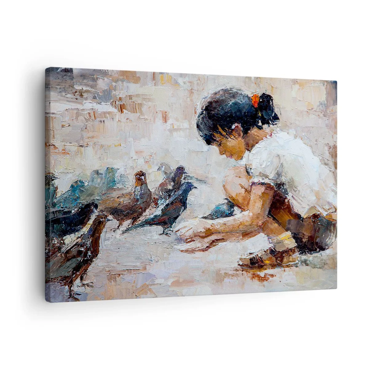 Schilderen op canvas - Een meisje dat vogels voedt in schilderachtige stijl - 70x50cm - De kleintjes en de leukste - Moderne wanddecoratie voor woonkamer en slaapkamer ARTTOR